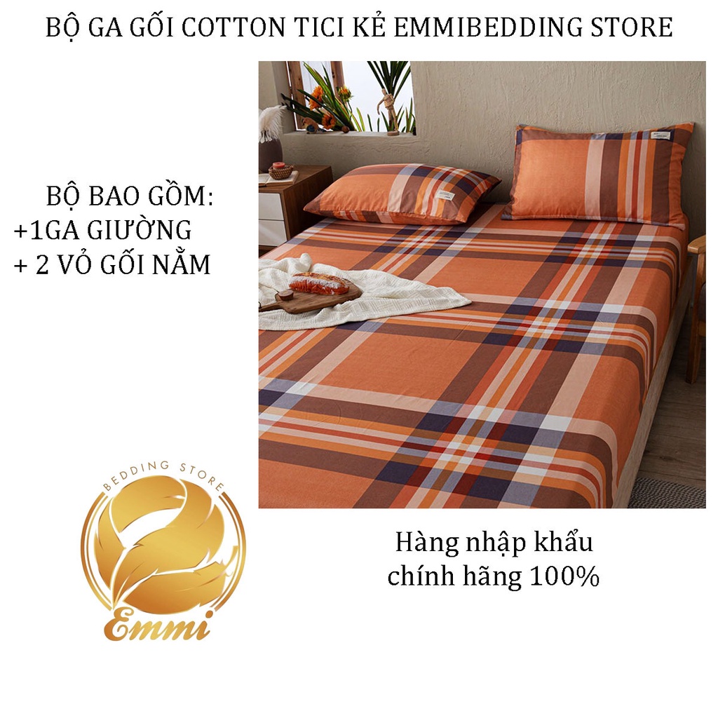 Ga Giường EMMIBEDDING STORE chất liệu TC , mẫu kẻ cam đất  miễn phí bo chun và làm ga phủ theo yêu cầu