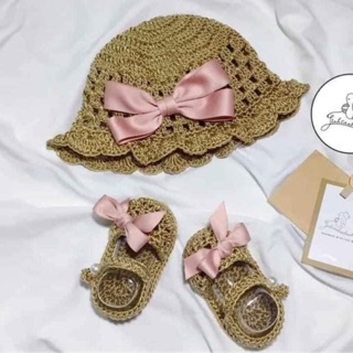 Combo mũ nơ lụa hồng và giày cho bé