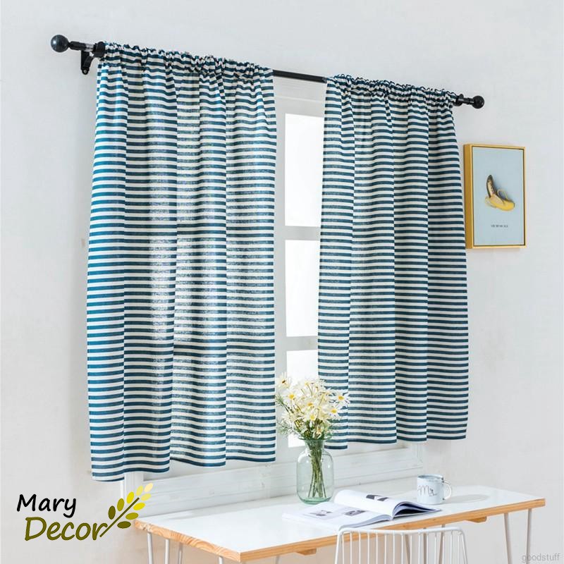 Rèm cửa trang trí vải bố linen đẹp - họa tiết sọc xanh to R-I07