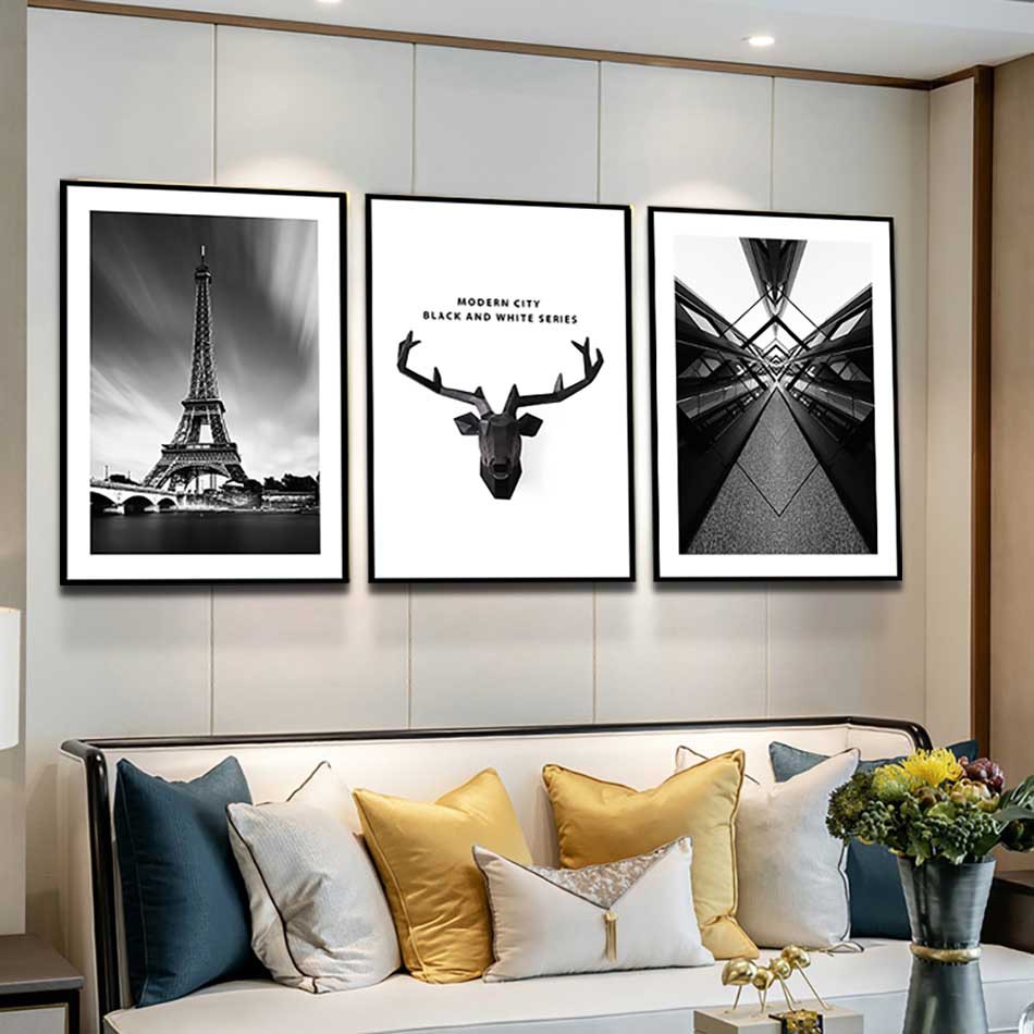 Bộ 3 tranh canvas treo tường Decor Họa tiết hươu và thành phố phong cách cổ điển – DC101