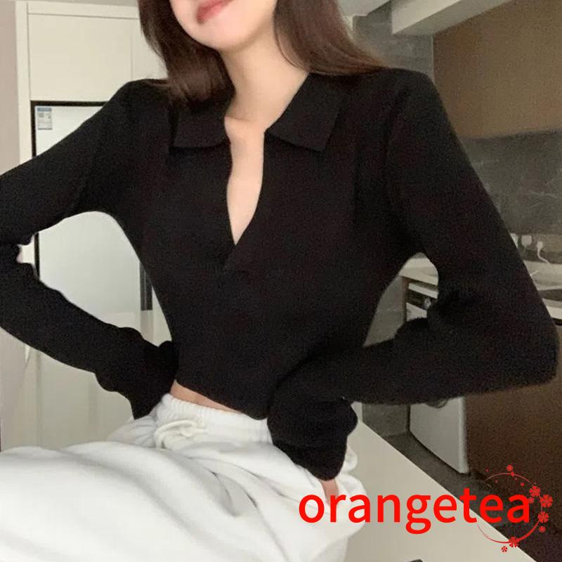 Áo Croptop Dệt Kim Tay Dài Cổ Chữ V Màu Sắc Thanh Lịch