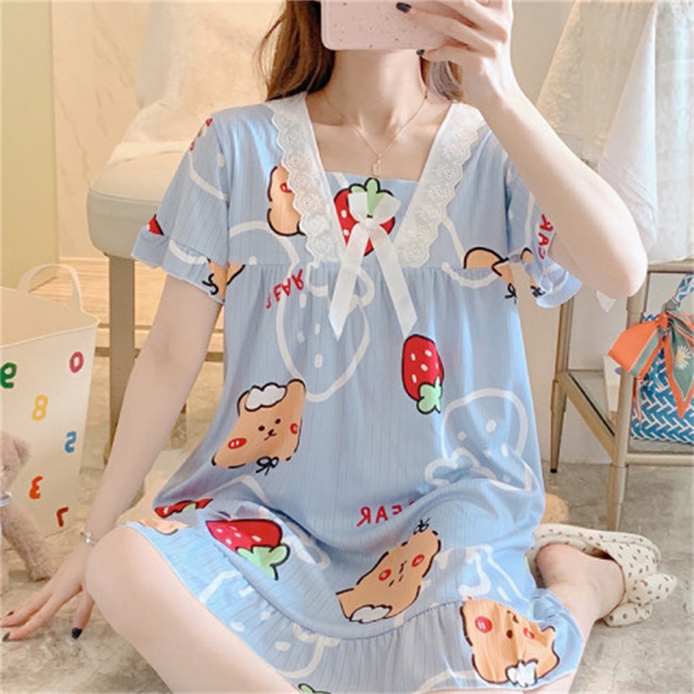 Váy ngủ ngắn tay phối ren mùa hè mẫu mới họa tiết dễ thương rộng rãi bà bầu mặc thoải mái