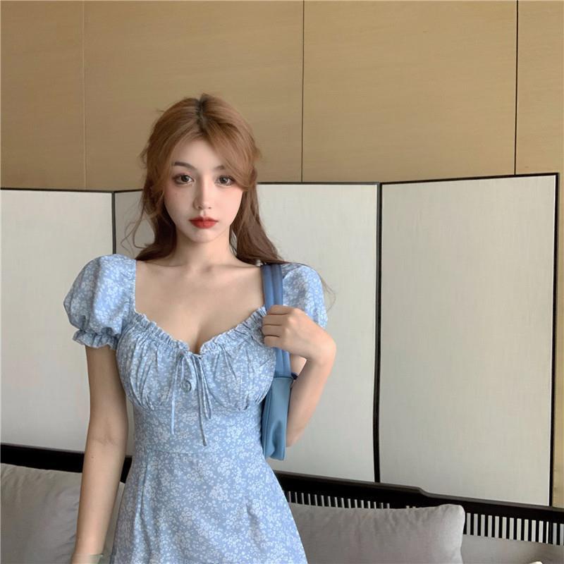 COZOK Đầm Hoa Cổ Vuông Tay Phồng Thời Trang Sành Điệu