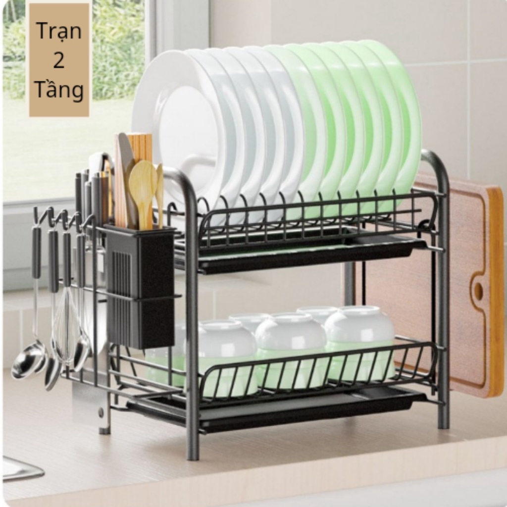 Kệ úp chén bát inox 3 tầng hình chữ U/Trạn úp bát đĩa kết hợp để dao thớt có kèm khay hứng nước siêu gọn và tiện ích.