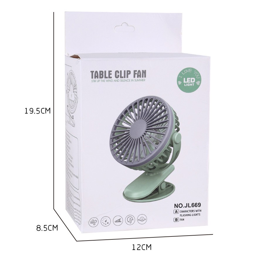 Quạt Mini Kẹp Để Bàn - Xe Đẩy Table Clip Fan Có Đèn Led Chạy Chữ Cực Đẹp