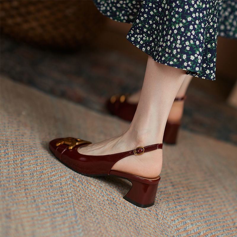 Giày sandal cao gót hở ngón gót vừa đế dày khóa kim loại vintage mùa hè cho nữ