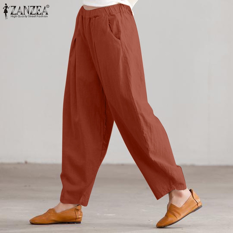 Quần harem dài ZANZEA ống rộng lưng quần co giãn màu trơn thời trang thường ngày dành cho bạn nữ