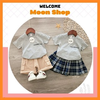 [Đồ đôi] Set Đồ Đôi Gia Đình Cho Bé Trai Bé Gái, Áo Phông FACEMINUSA 2 Màu Phối Chân  Váy Kẻ, Quần Kaki Lửng Mềm Mại