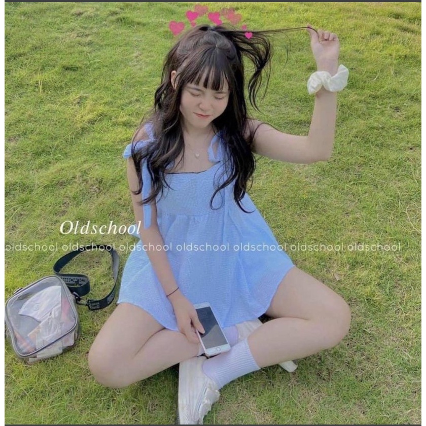 [RẺ VÔ ĐỊCH] Sét đồ nữ gồm áo babydoll nữ caro xanh+ quần đũi trắng