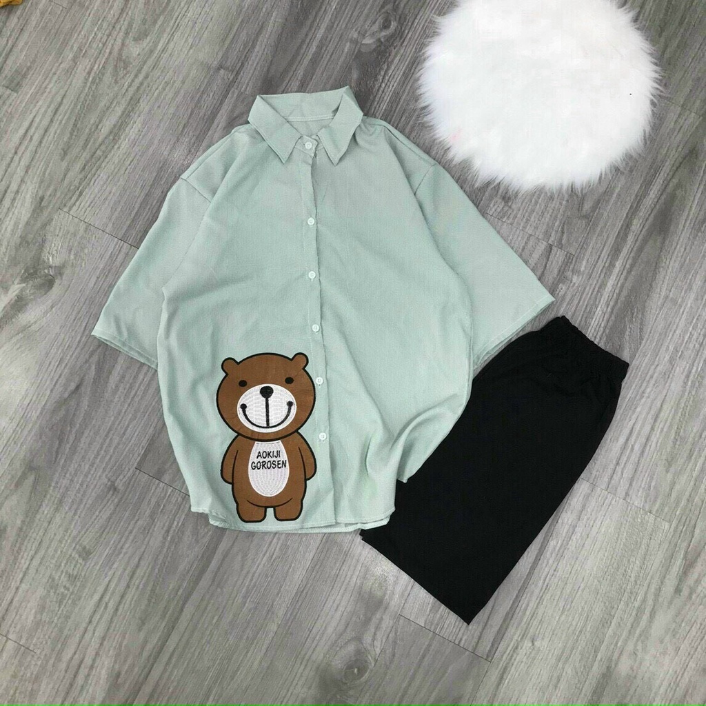 SET BỘ LỬNG IN HÌNH GẤU DỄ THƯƠNG - ÁO SƠ MI TAY NGẮN - QUẦN LEGGING LỬNG - MẶC NĂNG ĐỘNG THỎA MÁI
