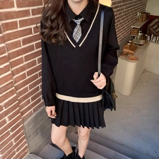 Set váy sơ mi xếp li + áo gile + cà vạt ulzzang Hàn Quốc