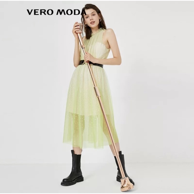 Vero Moda đầm chữ A diềm xếp nếp lưới chấm bi kèm belt size S new tag