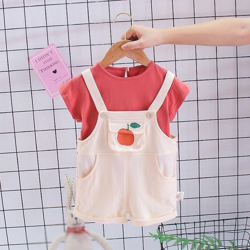 Bộ Áo Thun Tay Ngắn + Quần Yếm Màu Trơn Dễ Thương Cho Bé Gái 1-4 Tuổi