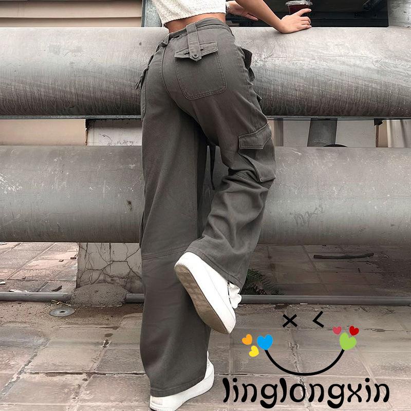 Quần Jean Dài Có Khóa Kéo Màu Trơn Linglongxi2-Y2K Cho Nữ