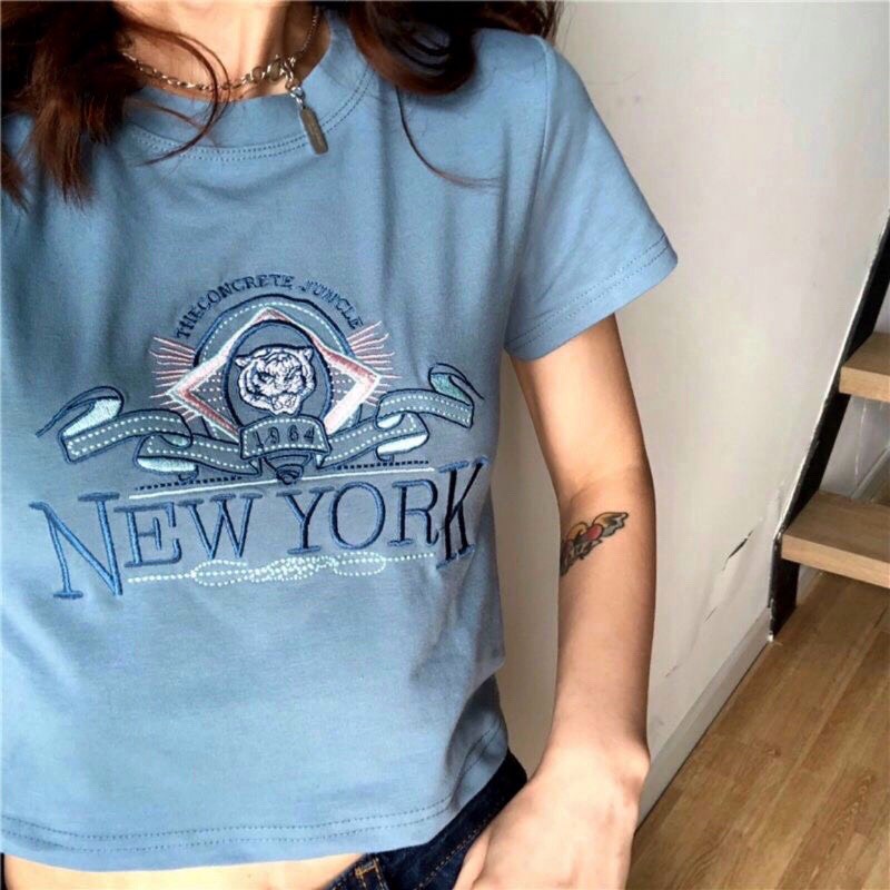 Áo Croptop Tay Ngắn Dáng Ôm Hoạ Tiết Thêu Chữ NEWYORK Phong Cách Mùa Hè