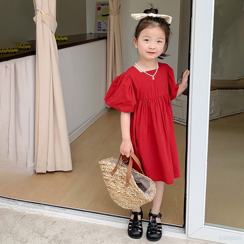 Đầm Công Chúa Màu Trơn Thắt Nơ Lưng Phồng Hở Lưng Thoáng Khí Dành Cho Bé Gái