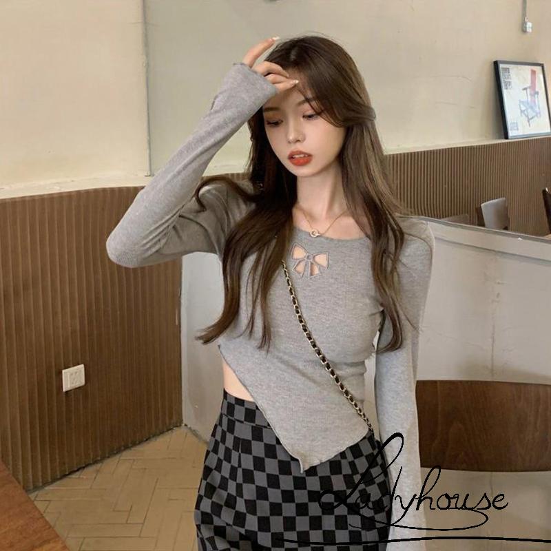 Áo Thun Crop Top Tay Dài Cổ Tròn Màu Trơn Vạt Lệch Thời Trang Dành Cho Nữ