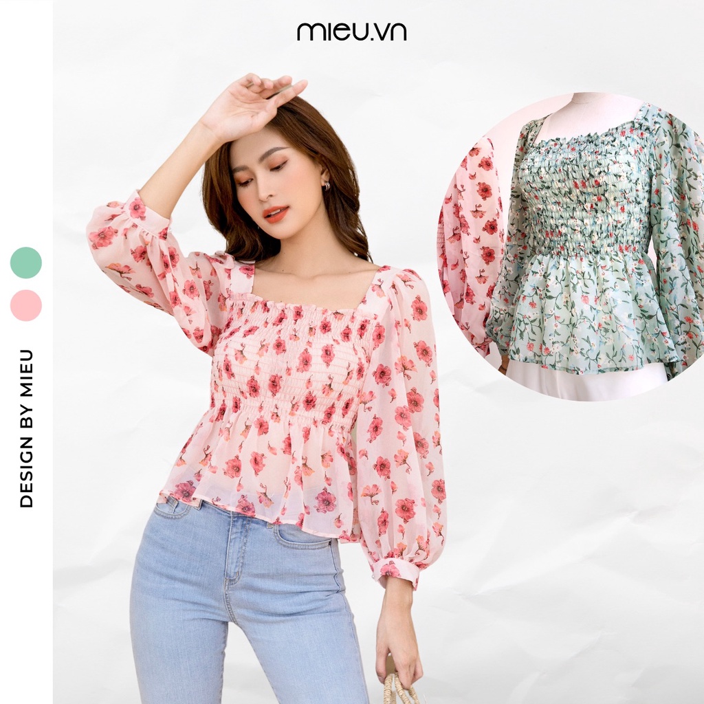 Áo kiểu vải hoa cổ vuông bo chỉ MIEU - HM28