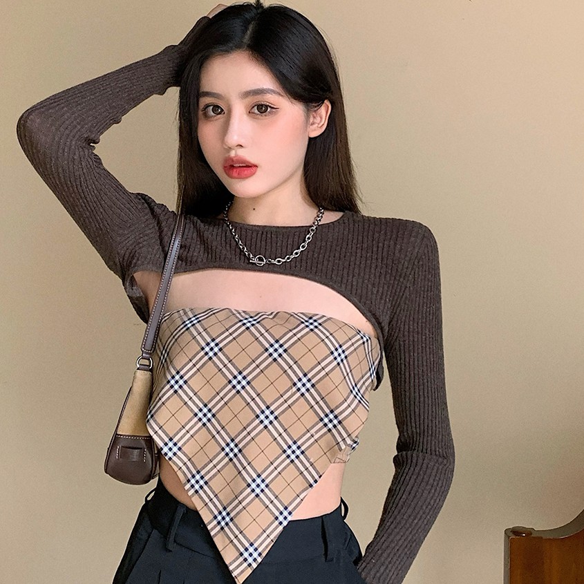 Áo sweater tay dài / áo cúp ngực họa tiết caro đáng yêu cho nữ | BigBuy360 - bigbuy360.vn