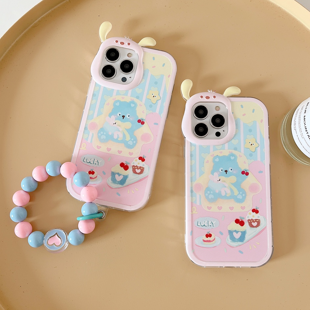 Ốp Điện Thoại TPU Silicon Mềm Chống Rơi Hình Gấu / Bánh Kem 3D Có Dây Đeo Ngọc Trai Cho iphone 13 12 11 Pro XS Max XR