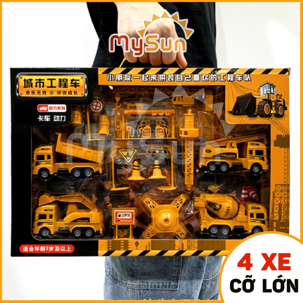 ♘Bộ mô hình xe đồ chơi CÔNG TRÌNH cho bé trai: Cần cẩu, Ben, Tải, Trộn bê tông – MySun