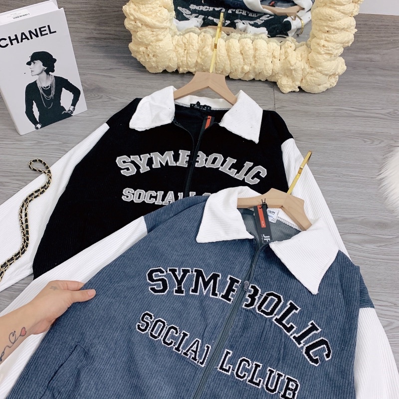 Áo Bomber Nhung Tăm 1 Lớp Áo Khoác Khoá Cổ Bẻ Thêu Chữ Cá Tính