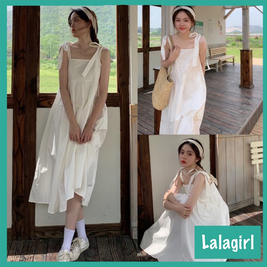 Váy Đầm Nữ 2 Dây Bản To Buộc Nơ 3 Tầng, Váy Nữ Babydoll Trơn Dáng Dài 2 Màu