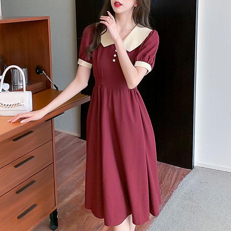 Đầm midi YEYA mỏng cổ búp bê thời trang Pháp cổ điển cho nữ