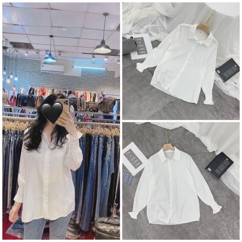 Áo sơ mi nữ trắng đi học tay dài bo nhúm cổ bẻ basic form rộng vừa - Sơ mi đi học sinh nữ trắng tay dài 002