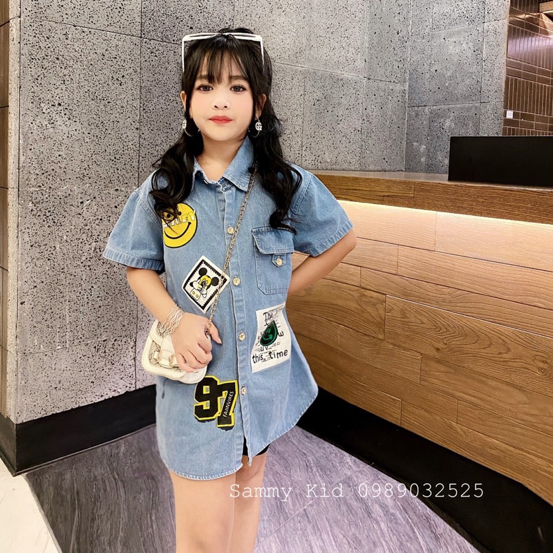 Set Áo Jean hình ngộ nghĩnh Quần legging đùi cho bé gái size đại 17-43kg cá tính