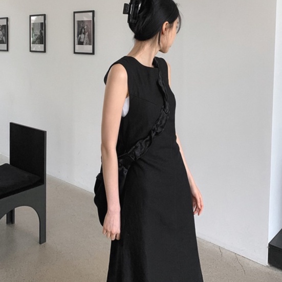 Đầm hai dây ZHELIHANGFEI dáng dài lưng cao màu trơn kiểu retro Pháp thời trang mùa hè