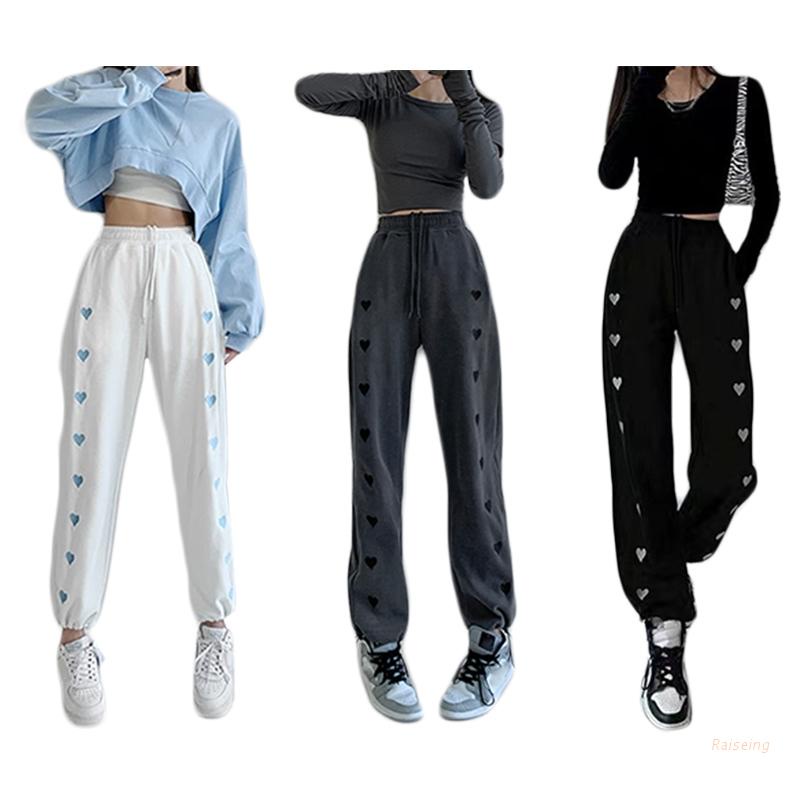 Quần Jogger Ống Rộng Lưng Cao Thêu Họa Tiết Trái Tim Xinh Xắn Cho Nữ