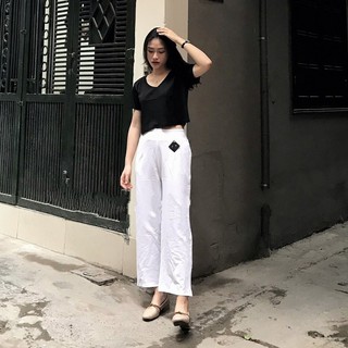 [hàng mới] SET QUẦN ỐNG RỘNG KIỂU QUẦN CULLOTE TRẮNG + ÁO CROPTOP TAY LỠ CỔ TIM ULZZANG CHẤT ĐẸP