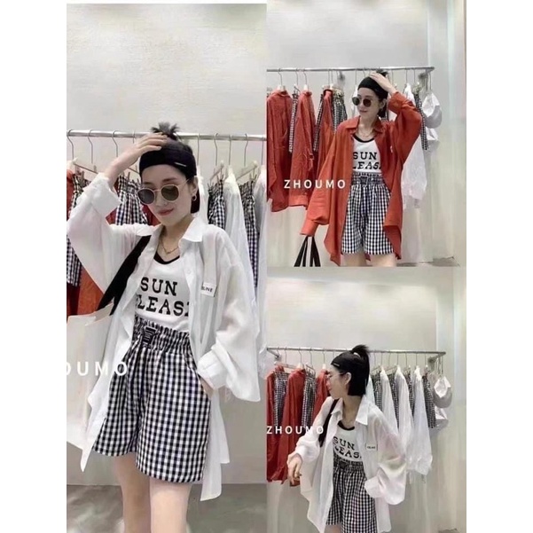 Set sơmi 3 món SUN PLEASE : Áo khoác sơmi tay dài form rộng + áo crop ba lỗ in chữ + short caro