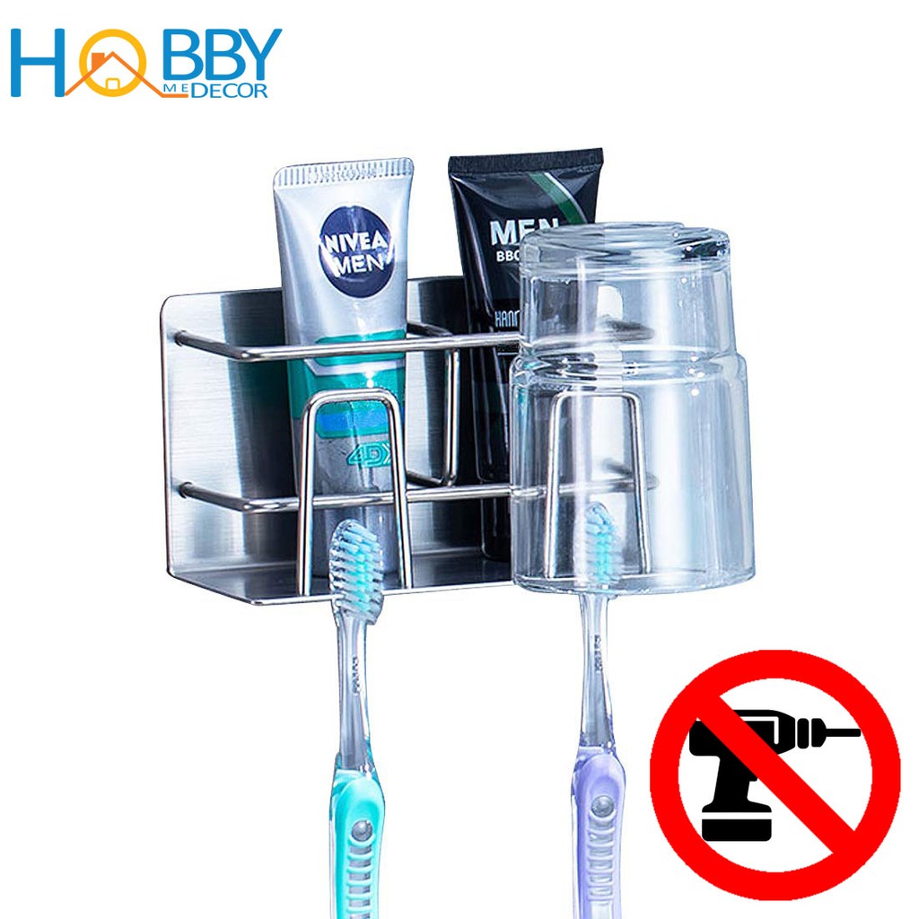 Kệ đựng bàn chải, kem đánh răng 2 ngăn HOBBY CD3  Inox 304 dán tường gạch men - kèm keo dán và không rỉ sét