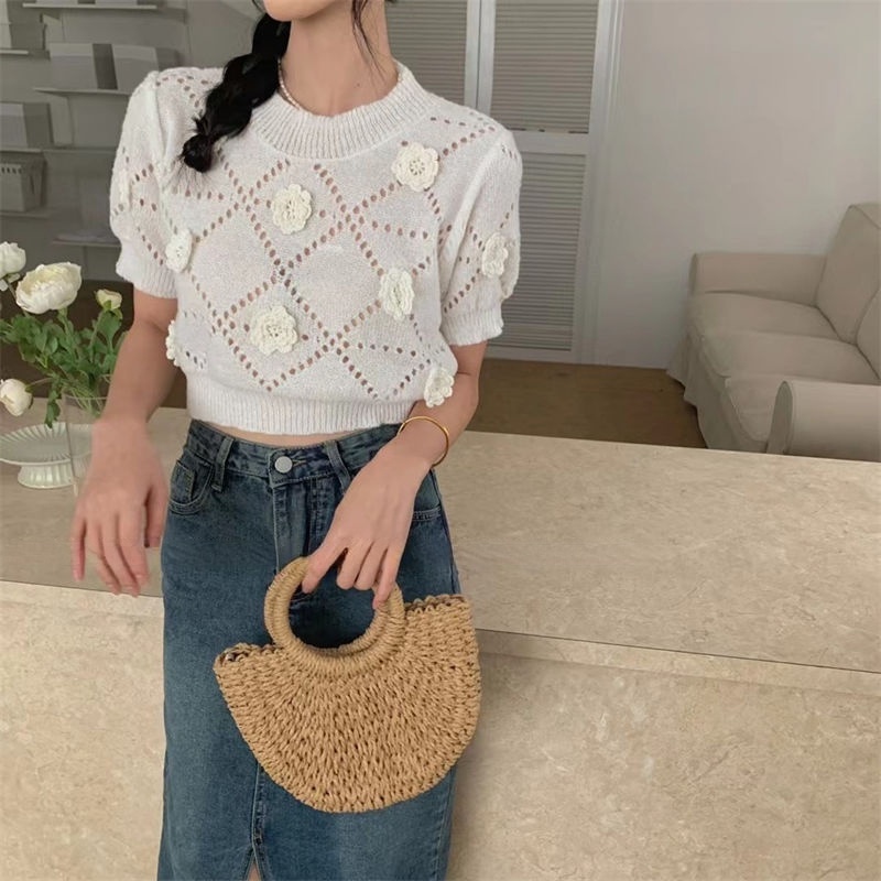 Áo Sweater Dệt Kim Tay Ngắn Cổ Tròn Thiết Kế Lỗ Lưới Thêu Họa Tiết Thời Trang Mùa Hè Mới Cho Nữ