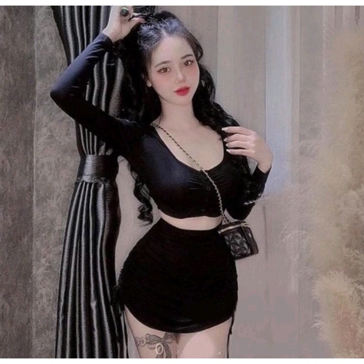 Áo croptop nhún ngực tay dài phối nút chất thun Lụa mềm mịn Cam Kết Hàng Y Hình Kèm Ảnh Thật Chính Chủ