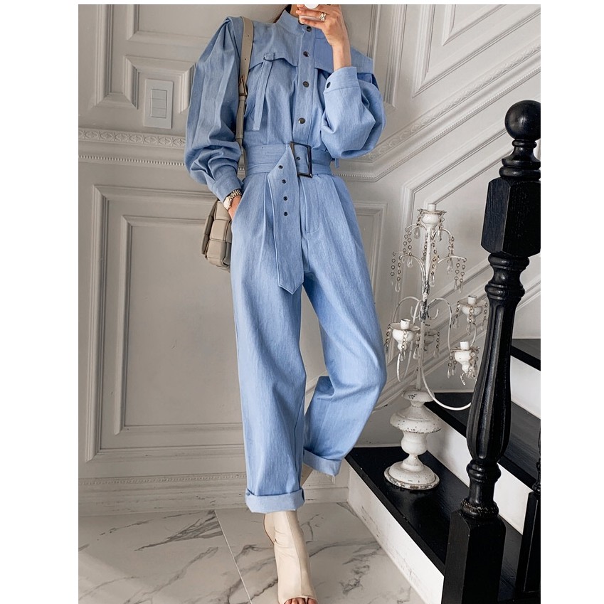 Jumpsuit Tay Phồng Korea Style Kèm Thắt Lưng Cá Tính Đồ Bay Sơ Mi Nữ Quần Tây Dài Demin Trắng Thanh Lịch Công Sở