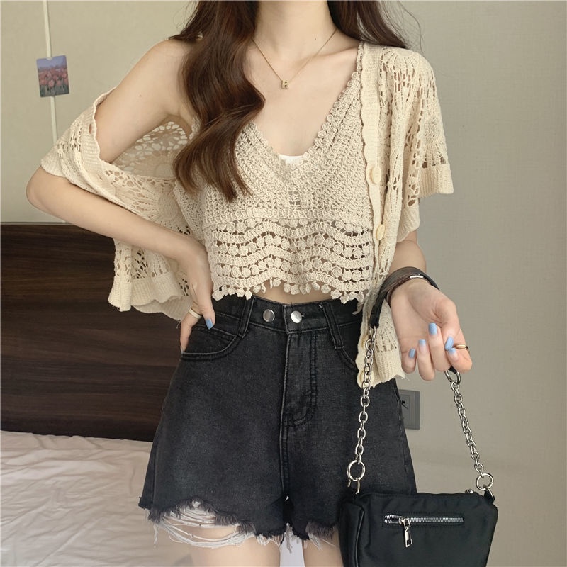 Áo Cardigan Ngắn Tay Phong Cách Phương Tây Mới + Áo Hai Dây Đan Móc