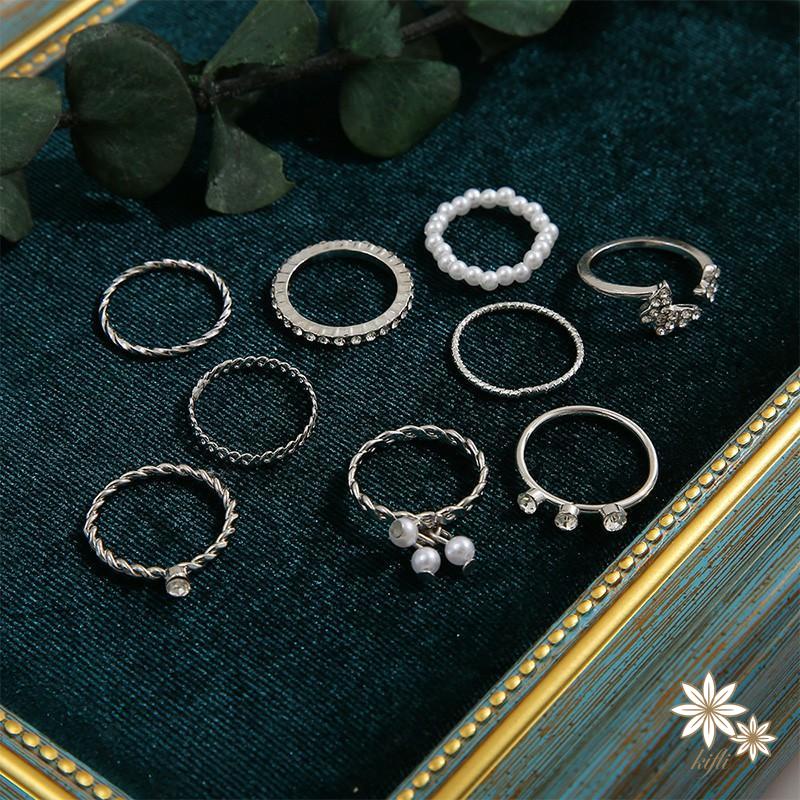 Set 9 nhẫn bạc ngọc trai pha lê thanh lịch Bộ nhẫn mỏng rỗng cho nữ phụ kiện trang sức