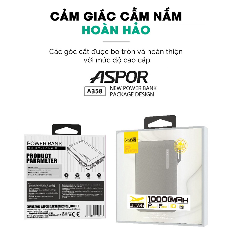 Sạc dự phòng nhỏ gọn ASPOR A358 dung lượng 10000mAh-Bảo hành 6 tháng