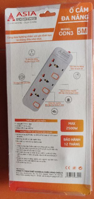 Ổ cắm đa năng liền dây 5m chính hãng Asia bảo hành 1 năm