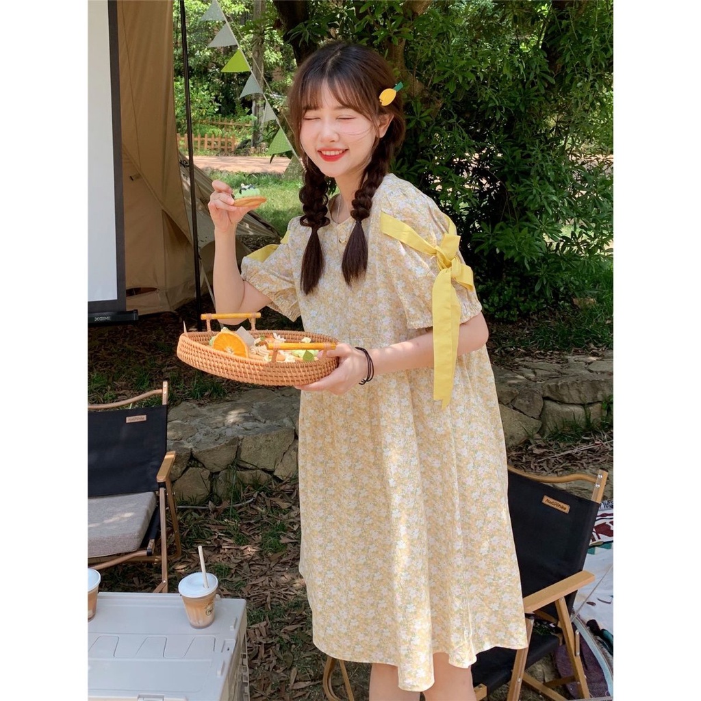 Đầm Tay Ngắn Cổ Chữ V Họa Tiết Hoa Nhỏ Thiết Kế Đơn Giản Hợp Thời Trang