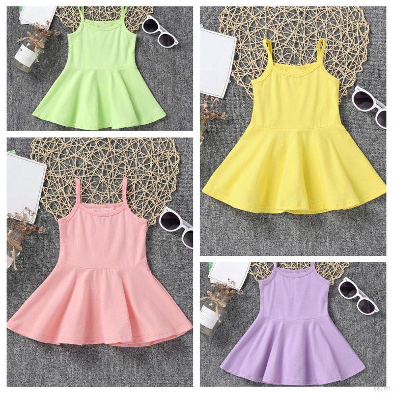 Đầm hai dây trơn màu xinh xắn dành cho bé gái