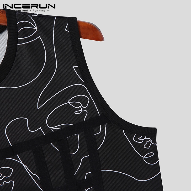 Áo croptop INCERUN sát nách cổ tròn ôm dáng in họa tiết thời trang mùa hè cho nam