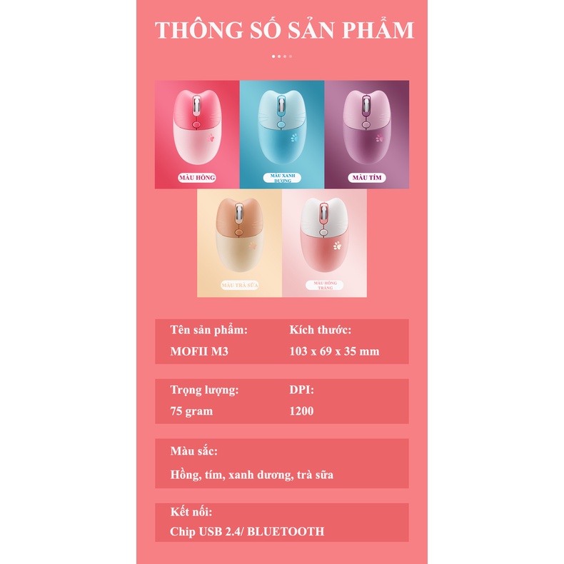 Chuột không dây MOFII M3 thiết kế tai mèo kết nối bằng chip USB 2.4 và BLUETOOTH với điện thoại, ipad, máy tính,...