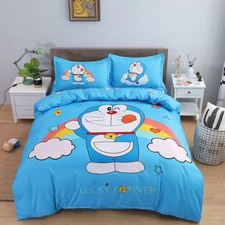 Bộ Chăn Ga Gối Cotton Hoạt Hình 3D Doremon Cầu Vồng