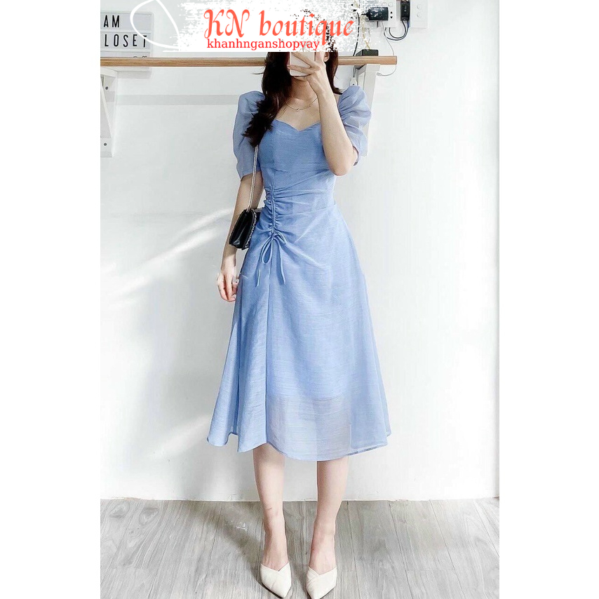 Váy dự tiệc nữ đầm trắng dáng dài cổ kiểu tay bồng nhún eo đi dạo đi làm đều xinh K N Boutique