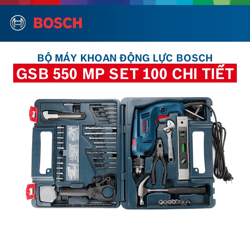 Máy Khoan Động Lực Bosch GSB 550 Set Và Bộ Dụng Cụ 100 Chi Tiết