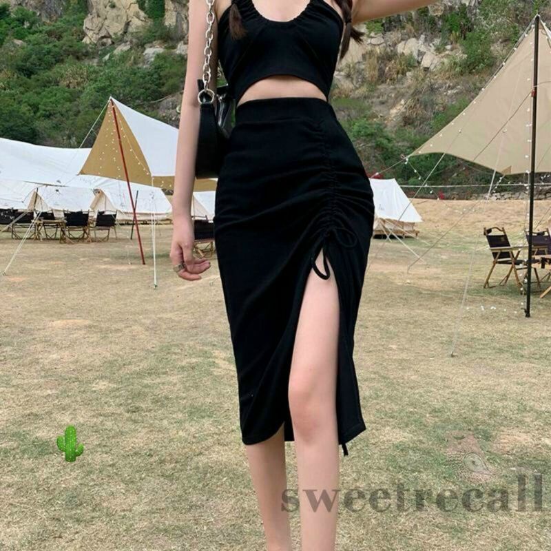 chân váy xẻ tà rút dây dáng dài thun co giãn tốt